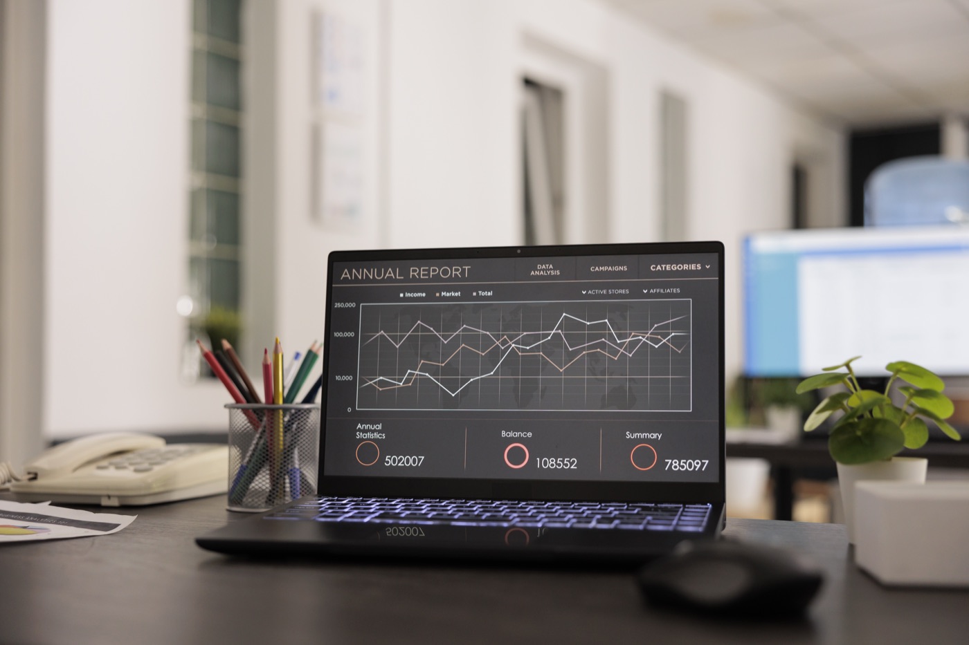 A laptop on a desk showing a financial graph